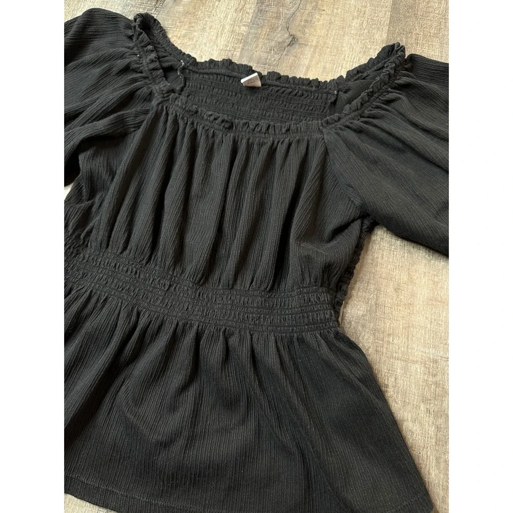 Old Navy Womens Black Smocked Peplum Top Puff Sleeve Square Neck Gauze Large